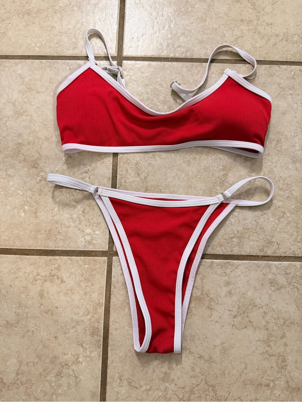 EUC Red & White Contrast Trim Ribbed Bikini